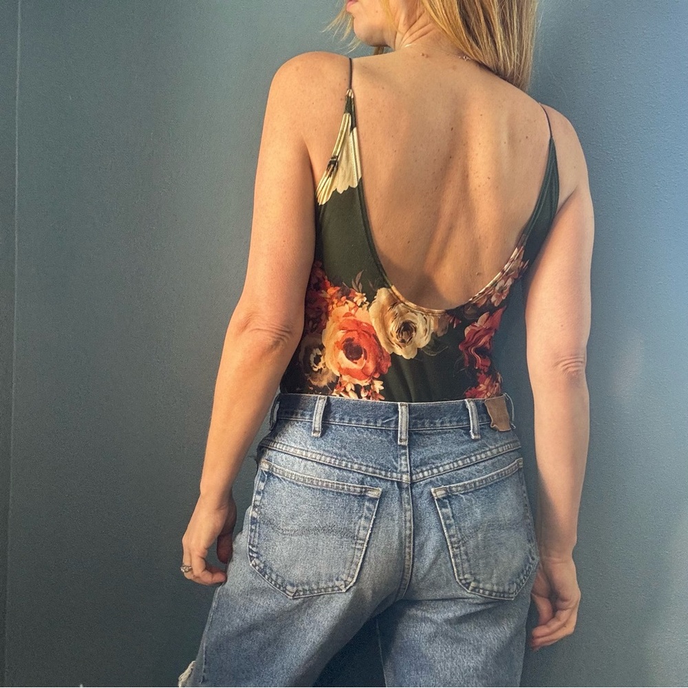 Polly & Esther Green Floral Spaghetti Strap Thong Bodysuit - Picture 3 of 10